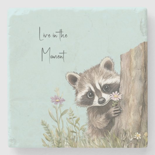 Waschbär mit Blume Steinuntersetzer (Vorderseite)