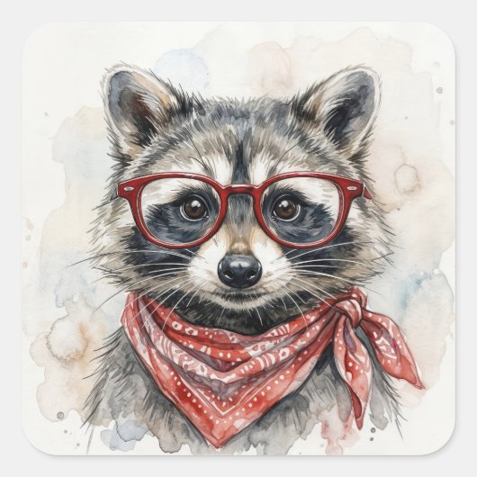 Waschbär mit roter Brille Quadratischer Aufkleber (Vorderseite)