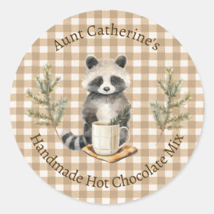 Waschbär mit Tasse Brauner Gingham Heiße Schokolad Runder Aufkleber