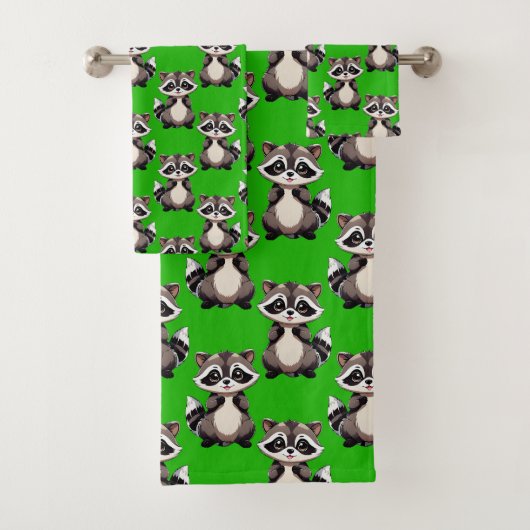 Waschbär-Muster-Design Grün Badhandtuch Set (Insitu)