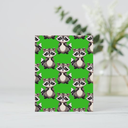 Waschbär-Muster-Design Grün Postkarte (Stehend Vorderseite)