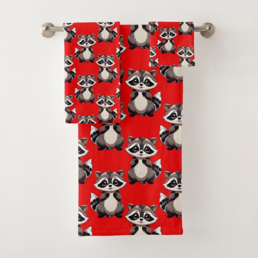 Waschbär-Muster-Design Rot Badhandtuch Set (Insitu)