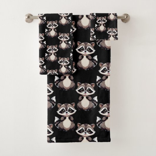 Waschbär-Muster-Design Schwarz Badhandtuch Set (Insitu)