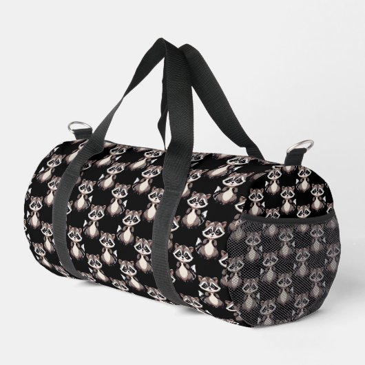 Waschbär-Muster-Design Schwarz Duffle Bag (Rechte Ecke)