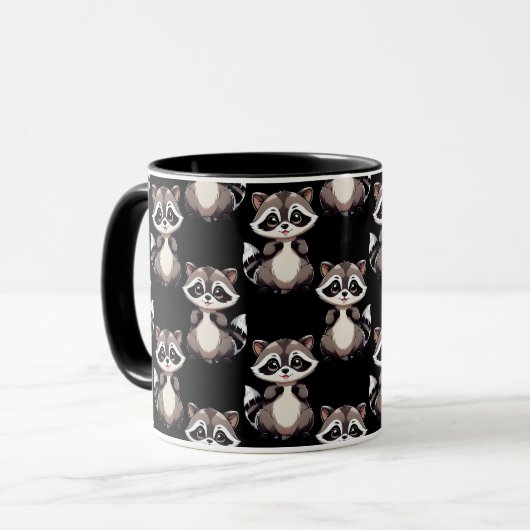 Waschbär-Muster-Design Schwarz Tasse (Vorderseite Links)