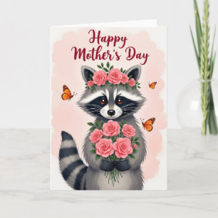 Waschbär-Mutter Karte mit Rosenbouquet