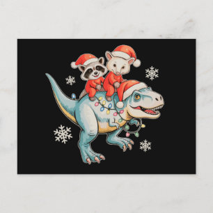 Waschbär Opossum Reit T Rex Weihnachtsmann Hut Wei Feiertagspostkarte