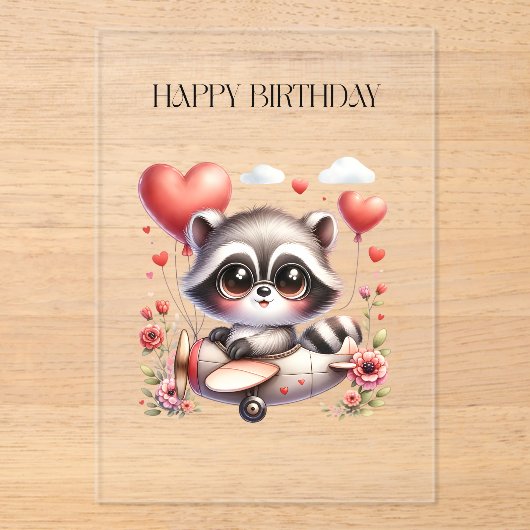 Waschbär-Pilot Geburtstag Acryleinladungen (Vorderseite)