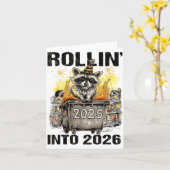 Waschbär rollt in 2026 Prost Neujahr 2026 Lustig Karte (Gelbe Blume)