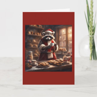 Waschbär-Santa trinkt Kaffee in einer Bäckerei Wei Karte