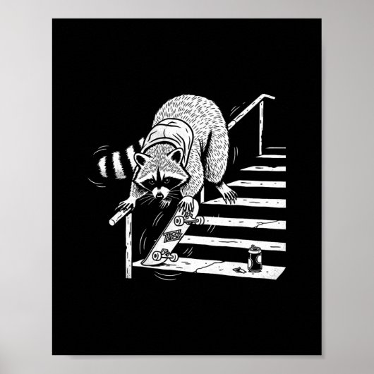 Waschbär Skateboardfahren auf Treppengeländer Poster (Vorne)