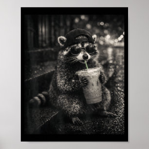 Waschbär trinkt eisgekühlten Kaffee lustiges Tier- Poster