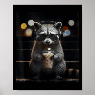 Waschbär trinkt eisgekühlten Kaffee lustiges Tier Poster