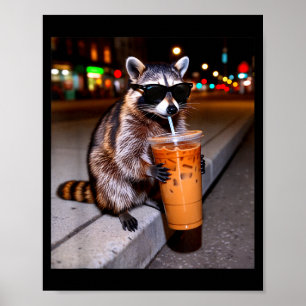 Waschbär trinkt eisgekühlten Kaffee lustiges Tier  Poster