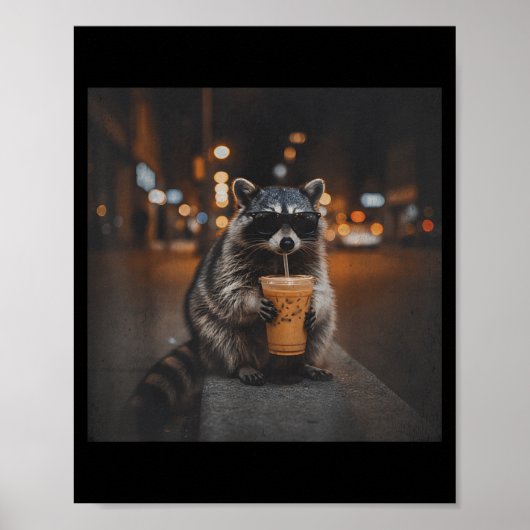 Waschbär trinkt Eiskaffee lustiger Tier-Meme Männe Poster (Vorne)