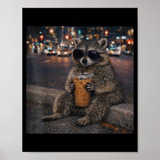 Waschbär trinkt Eiskaffee lustiger Tier-Meme Männe Poster (Vorne)