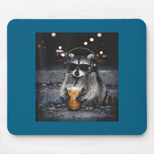 Waschbär trinkt Eiskaffee Lustiges Design Mousepad (Vorne)