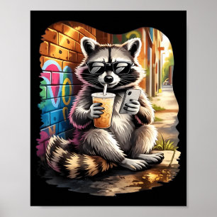 Waschbär trinkt Eiskaffee lustiges Tier Meme Männe Poster