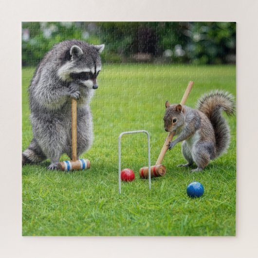 Waschbär und Eichhörnchen spielen Krocket Puzzle (Vertikal)