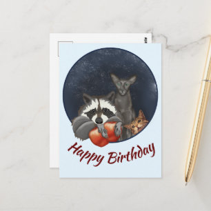 Waschbär und Katzen mit Äpfeln Alles Gute zum Gebu Postkarte