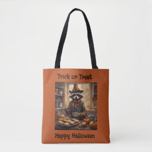 Waschbär-Vogelscheuche kocht Halloween-Abendessen Tasche