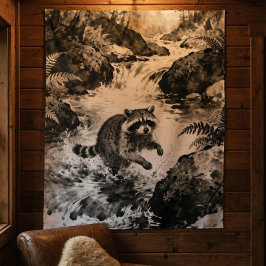 Waschbärbach-Teppich | Wald-Wildtier-Kunst Wandteppich