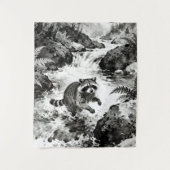 Waschbärbach-Teppich | Wald-Wildtier-Kunst Wandteppich (Vorderseite)