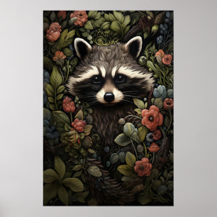 Waschbären-Blumen-Botanikdruck, Dark-Academia-Wand Poster