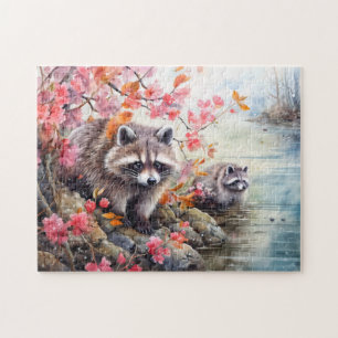 Waschbären nahe einer Herbstteichszene Puzzle