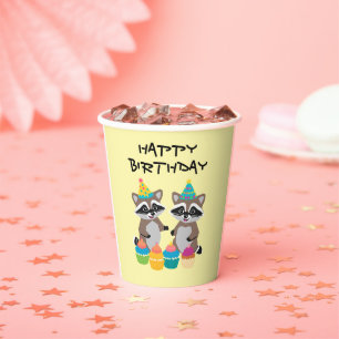 Waschbären und Cupcakes Geburtstag hellgelb Pappbecher