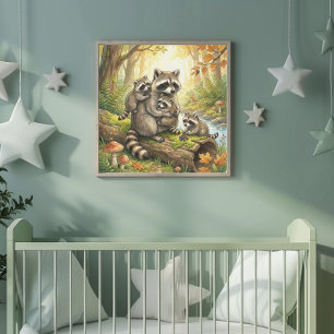 Waschbärenmutter und ihre Babys-Kinderkrippe Poster