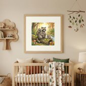 Waschbärenmutter und ihre Babys-Kinderkrippe Poster