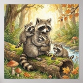 Waschbärenmutter und ihre Babys-Kinderkrippe Poster (Vorne)