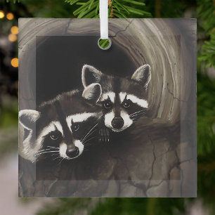 Waschbärenpaar Baumhöhle Wald Wildtiere Braun Ornament Aus Glas