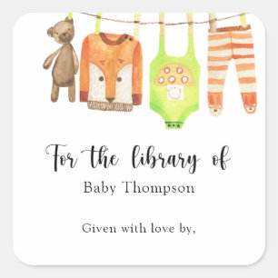 Wäscheleine Baby Shower Buchschild, Bücher für Bab Quadratischer Aufkleber