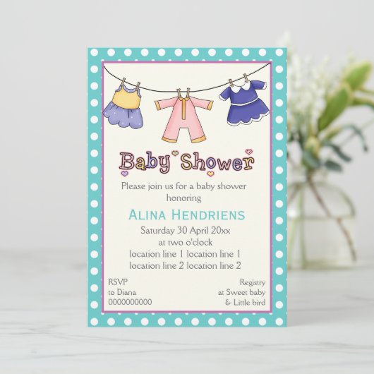 Wäscheleine Babydusche personalisiert Einladung (Stehend Vorderseite)