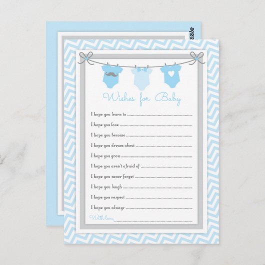 Wäscheleine Babydusche Wünsche für Baby blau-grau Postkarte (Vorne/Hinten)