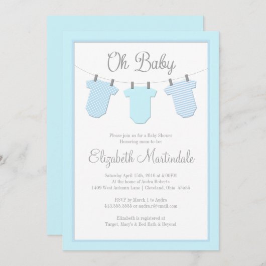 Wäscheleine-blaue Baby-Duschen-Einladung Einladung (Vorne/Hinten)