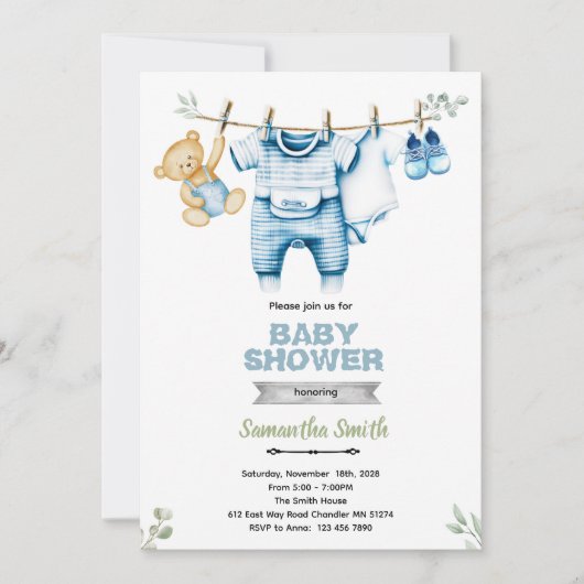 Wäscheleine Junge Baby Shower Einladung (Vorderseite)