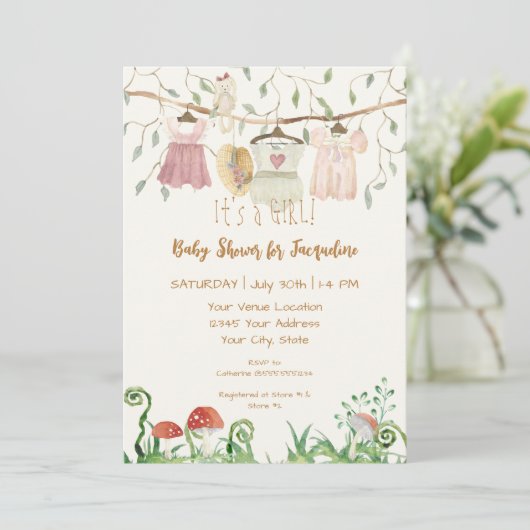 Wäscheleine-Kernholz-Pilze-Mädchen Einladung (Stehend Vorderseite)