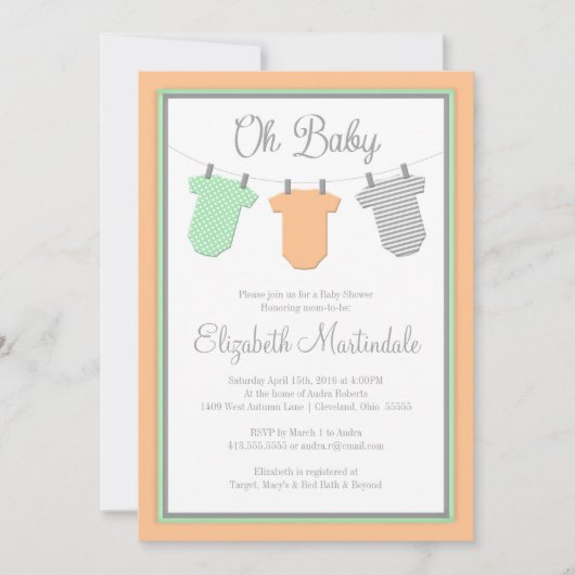 Wäscheleine Peach Mint Baby Girl Dusche Einladung (Vorderseite)