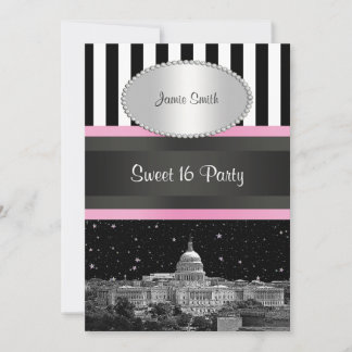 Wash DC Skyline Bk Wht Strp Pink Sweet 16 Party Einladung