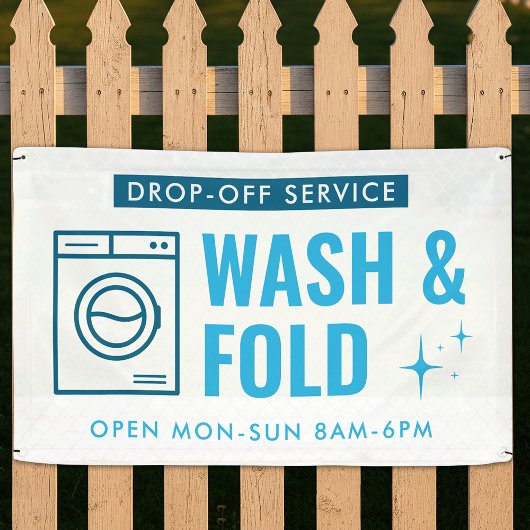 Wash & Fold Service Laundry Dry Cleaner Blue White Banner