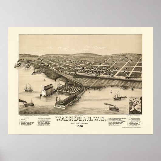 Washburn, WI Panorama Karte - 1886 Poster (Vorne)