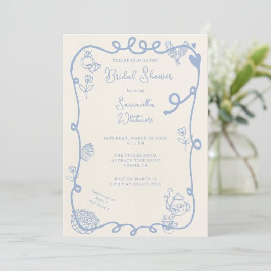 Washed Indigo Scene Doodle Brautparty Einladung (Stehend Vorderseite)