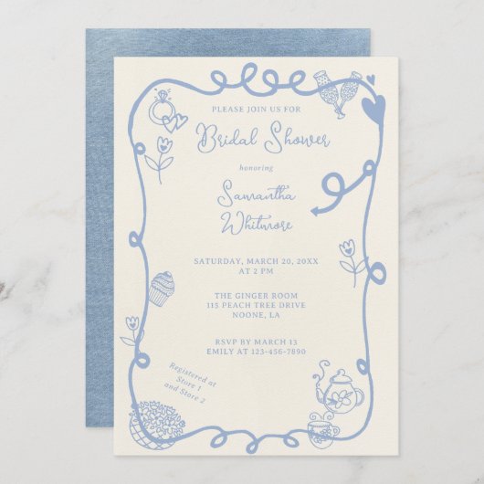 Washed Indigo Scene Doodle Brautparty Einladung (Vorne/Hinten)