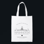 Washington DC, das | stilisierte Skyline Wedding Wiederverwendbare Einkaufstasche<br><div class="desc">Eine einzigartige Hochzeitstasche für eine Hochzeit,  die in der schönen Stadt des Washington DC stattfindet.  Diese Tasche kennzeichnet eine stilisierte Illustration der einzigartigen Skyline der Stadt mit seinem Namen darunterliegend.  Dieses wird von Ihren Hochzeitstaginformationen in einer zusammenpassenden offenen gezeichneten Art gefolgt.</div>