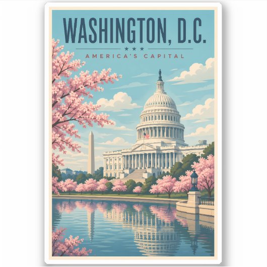 Washington DC Kirschblüten Illustration Reise Aufkleber (Vorderseite)