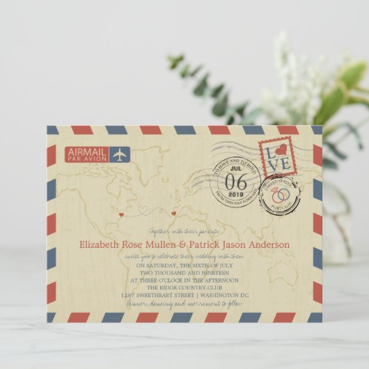 Washington DC / Portugal Airmail | Hochzeit Einladung (Stehend Vorderseite)