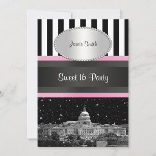 Washington DC Skyline Bk Wht Strp Pink Sweet 16 Pa Einladung